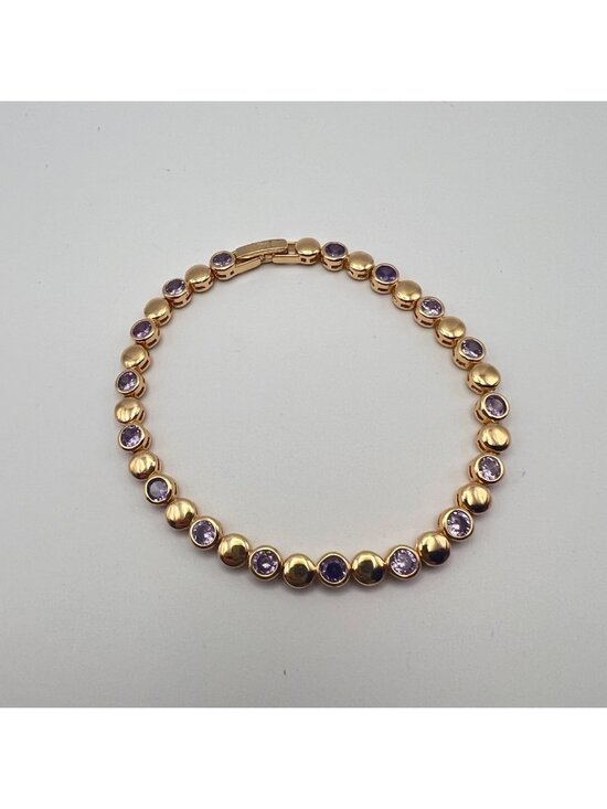 CM Jewelry - Purple CZ Gold-Tone Bracelet Bezel Set Tennis 7.5" Signed CM Stack Dainty Dressy